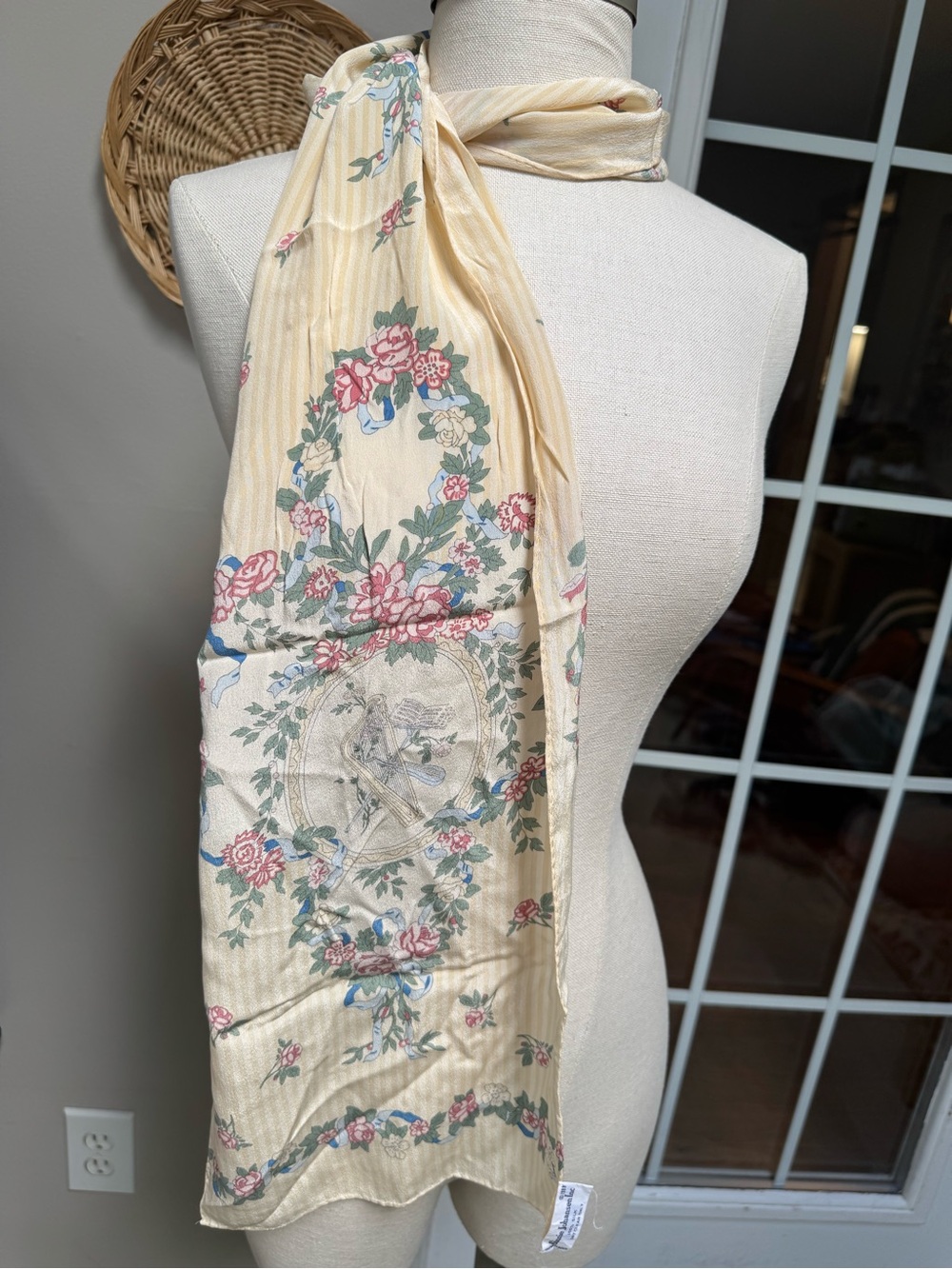 Vintage Silk Scarf  1988 Ginnie Johansen Floral Musical Instrument Crest